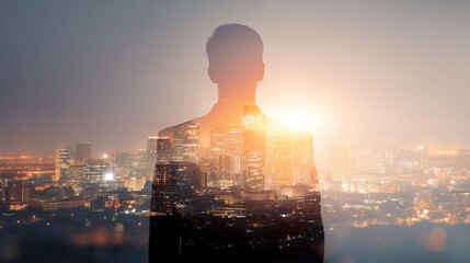 Silhouette of businessman double exposure glowing city skyline at sunrise concept leadership vision success innovation urban lifestyle career growth future opportunities