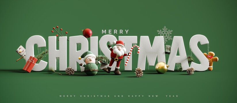 White Christmas letters with Christmas symbols on green background. Creative Merry Christmas banner design. 3D Rendering, 3D Illustration