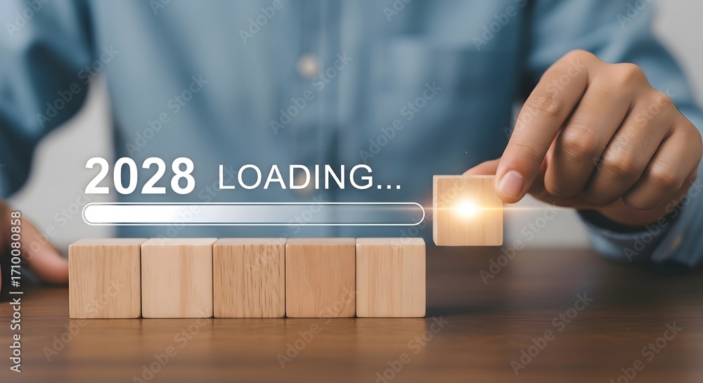 Poster visualizing the future year loading concept with wooden blocks and progress bar for year trend