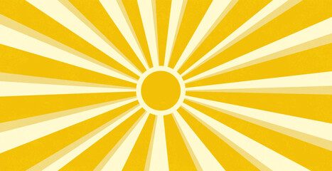 Horizontal groovy sun banner with radial burst. Vintage grainy sunshine texture and wavy lines in 60s–70s retro boho style. Abstract summer Matisse-inspired vector background