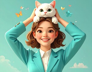 Whimsical illustration of a woman with a cat on her head surrounded by butterflies
