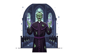 Zombie Priest in Gothic Church: A chilling illustration depicts a zombie priest in a gothic church setting, emanating an eerie aura.
