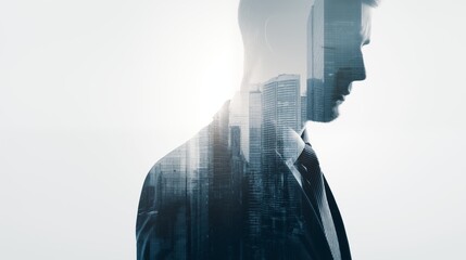Obraz na płótnie Canvas Double exposure businessman with city skyline at sunrise, side view profile and sun flare, urban corporate concept