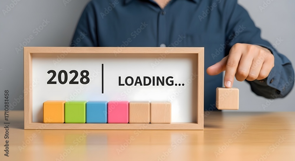 Poster year loading concept for the year of two thousand twenty eight with colorful wooden blocks progress 
