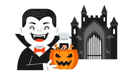 Halloween's Delight: A jovial vampire, brimming with Halloween spirit, clasps a festive pumpkin, alongside a shadowy castle, a celebration of the spooky season.