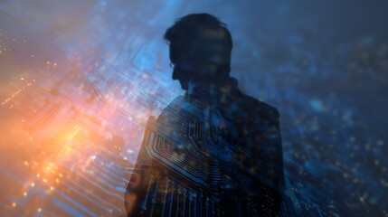 Silhouette of man with futuristic city lights and digital network background representing technology innovation leadership vision and modern business future