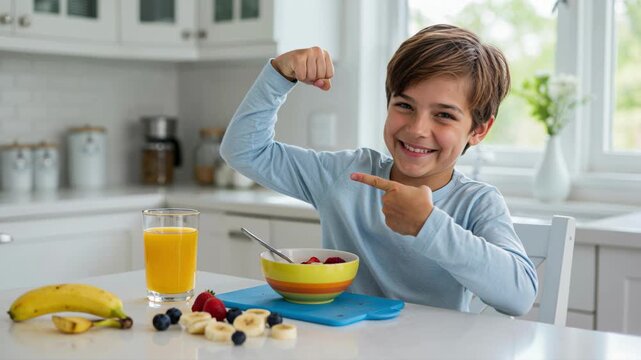 A happy boy flexing his bicep at the kitchen table after a healthy breakfast of cereal and fruit, demonstrating child nutrition, strength, and a healthy lifestyle
