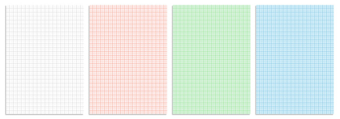Set of colorful graph paper templates in white, red, green, and blue. lined graph grid paper sheets scrapbook on transparent. Modern retro stationery vertical banner folded paper mockups templates.