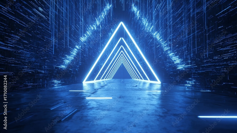 Aufkleber neon blue triangular tunnel with glowing lines and digital rain effect in a futuristic cyber space