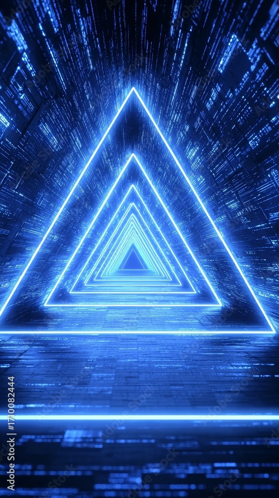 Poster neon blue triangular tunnel in a digital futuristic environment with glowing lines and data streams