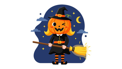 Enchanting Pumpkin Witch: A whimsical illustration of a charming pumpkin-headed witch, clutching a broomstick under the twilight sky, embodies the playful spirit of Halloween.