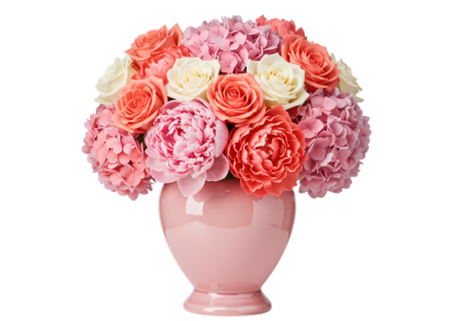 Elegant Blossom Arrangement: A Dazzling Display of Pink Peonies, Coral Roses, and Hydrangeas in a Glossy Vase for Home Decor or Gifting