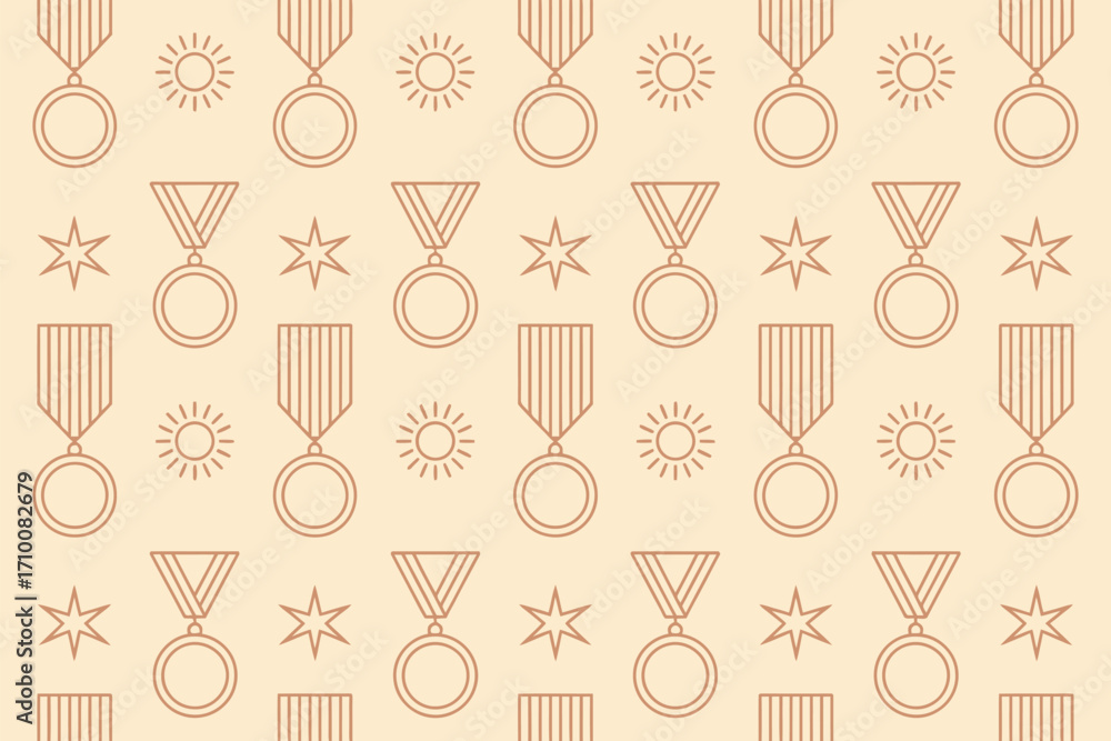 Poster a seamless pattern featuring line art of medals stars and suns on a light beige background design re