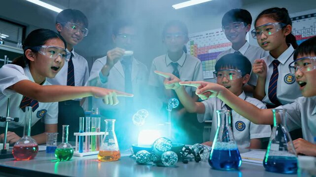 An asian teacher demonstrates a chemical reaction with smoke and bubbles to a group of amazed students in a school laboratory, representing stem education and practical learning