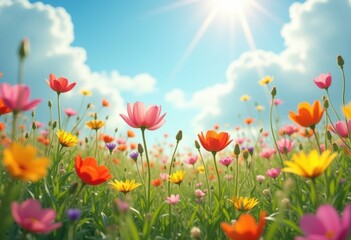 Fototapeta premium Vibrant Colorful Wildflowers Blooming in Sunlit Meadow creating a Picturesque Nature Scene