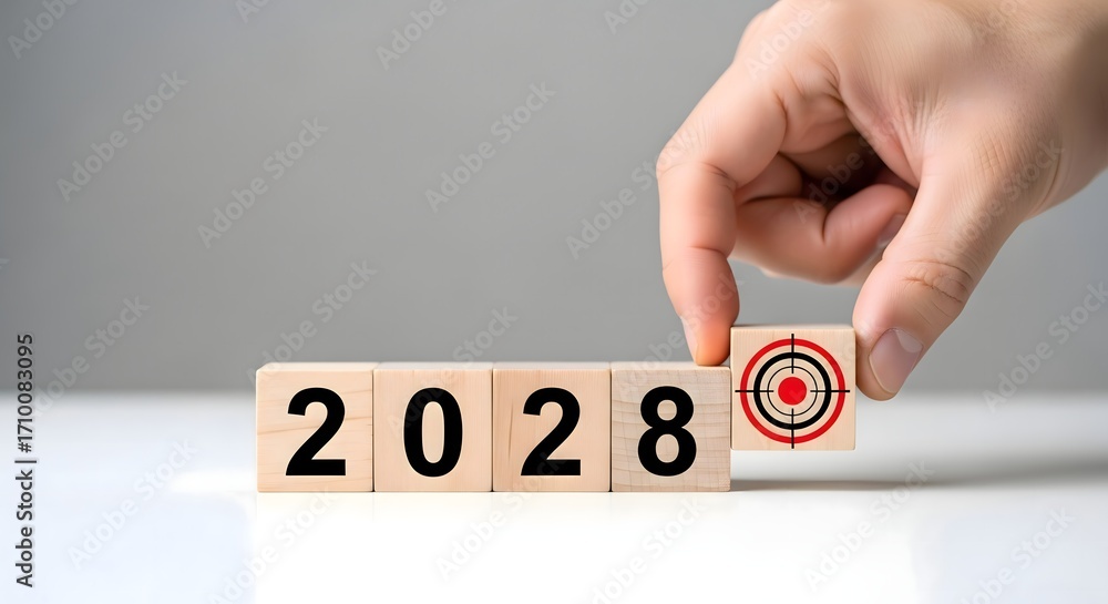 Poster achieving goals in 2028: planning and setting future targets with wooden blocks and target symbol