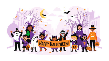 Happy Halloween Gathering: A joyful group of kids in colorful costumes, banner in hands and embracing the spirit of Halloween.
