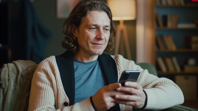 Senior man relaxing at home and using mobile phone