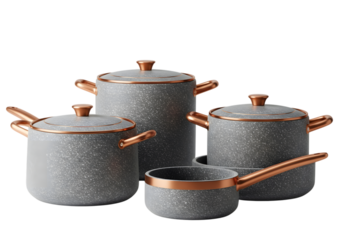 A set of gray pots and pans with copper handles isolated on transparent background