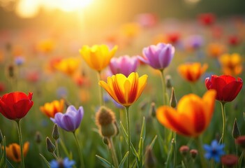 Obraz premium Vibrant Colorful Wildflowers Blooming in Sunlit Meadow Nature Scene with Lush Green Grass and Bright Sunshine