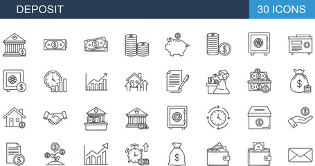 Deposit icons, banking symbols, financial transaction, savings, piggy bank, money bag, wallet, safe, chart, document, dollar, coin, credit card, investment, budget, finance, account, handshake, 