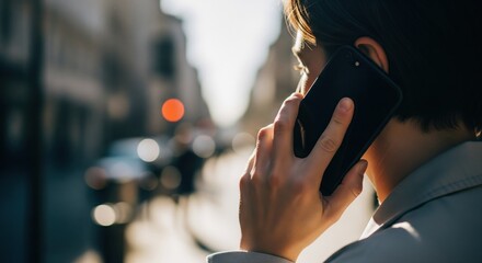 Woman on phone, city street background