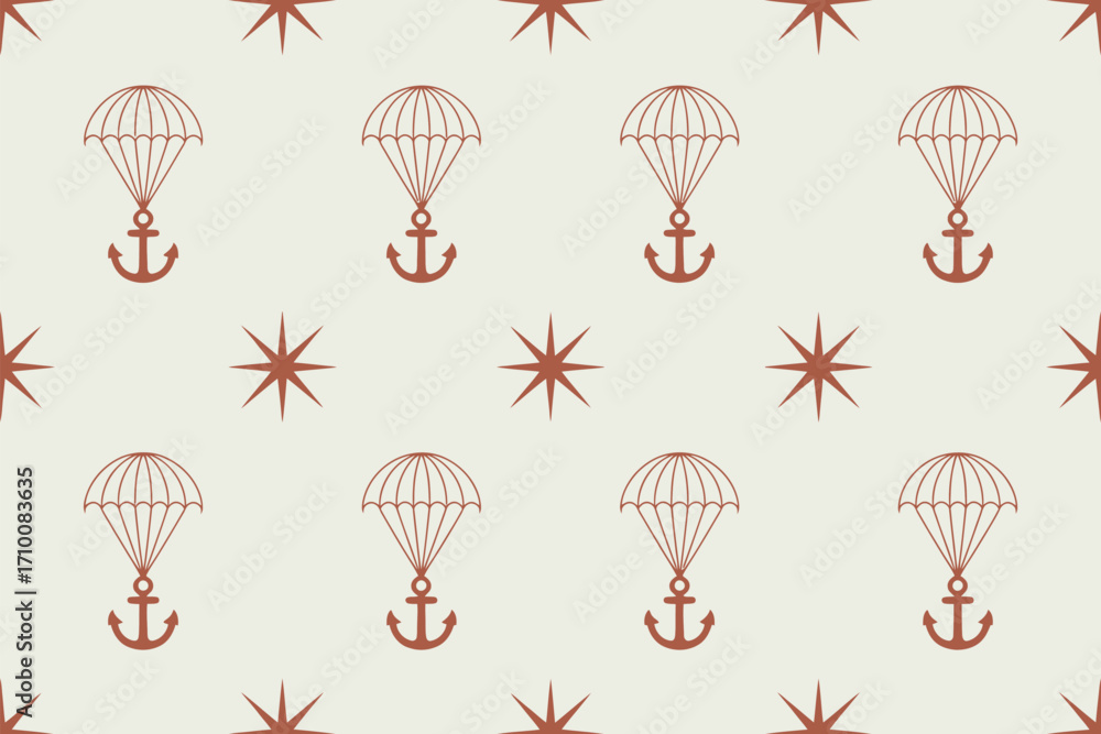 Poster seamless pattern featuring anchors suspended from parachutes and eight pointed stars on a light back