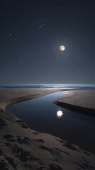 Moonlit beach with starry night sky and reflective water channel