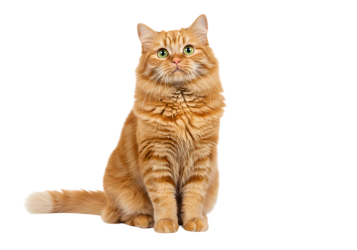 Orange Ginger Feline Pet Portrait on White Background. Fluffy Domestic Cat with Green Eyes Sitting Upright, Looking Up. Captivating Animal Companion.