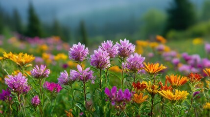 Field of colorful wildflowers in bloom with soft focus background and green foliage