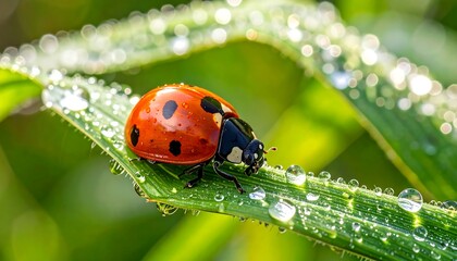 Fototapeta premium Ladybug on dewy grass