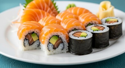 Delicious Variety of Sushi Rolls and Salmon.
