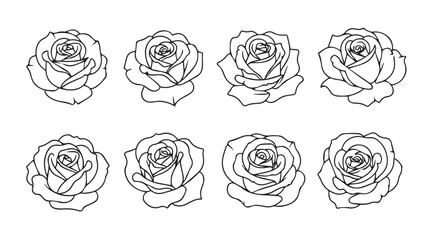 Collection of eight detailed rose outlines in a black and white silhouette style
