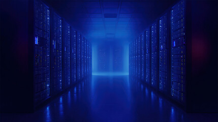 An abstract view of a server room with a atmospheric glow from numerous blue LED lights creating a gradient effect.