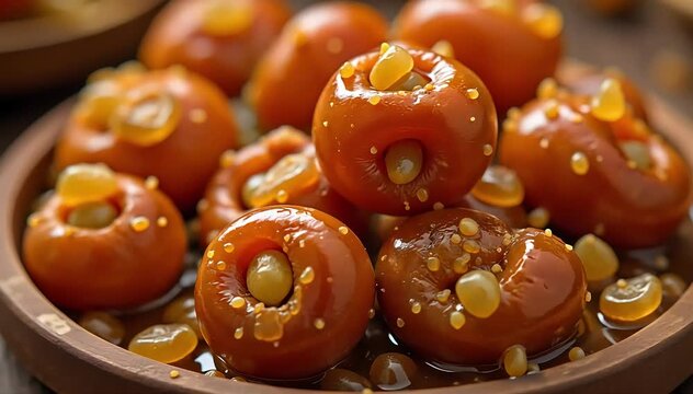 Close up of chironji showing glossy nut clusters coated in caramelized sugar and dried fruits 