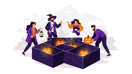 Spooky Gathering: An illustration captures a group of friends preparing for Halloween. The scene is filled with anticipation and festive decorations. 
