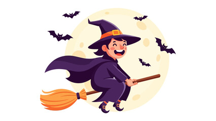Witch Flying on a Broomstick: A whimsical illustration features a joyous witch soaring through the night sky on a broomstick, framed by a luminous full moon and playful bats.