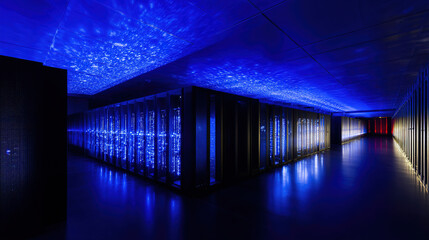 An abstract view of a server room with a atmospheric glow from numerous blue LED lights creating a gradient effect.