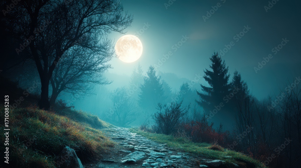 Poster ethereal moonlit forest path with mist swirling around evergreen trees and bare deciduous branches