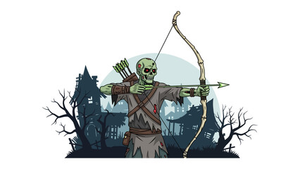 Undead Archer Aiming: A skeletal undead archer, arrow nocked and ready, aims for a target against a spooky forest backdrop, embodying the chilling fantasy realm.