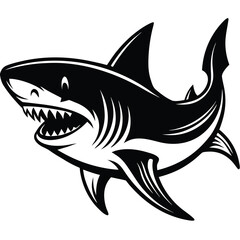 Bold black outline illustration of a powerful shark in dynamic motion perfect for marine life themes and aquatic designs