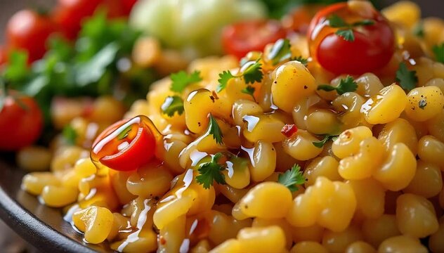 Close up of colorful koshary ingredients arranged in distinct sections with garlic vinegar drizzle 