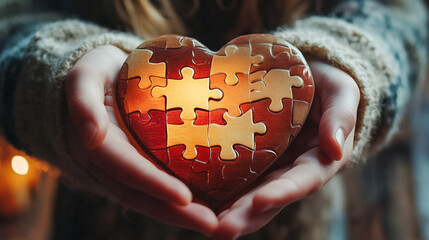 The hands of a young boy holding a puzzle heart is the concept of mental health in children, world autism awareness day, as well as the concept of autism spectrum disorder in teens 