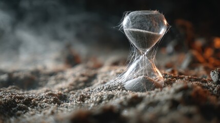 Hourglass covered in cobwebs with sand flowing through the glass against a dark blurred background