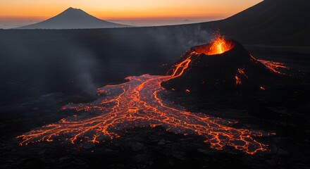 Fiery Descent Molten Lava Flowing from Volcano at Dusk