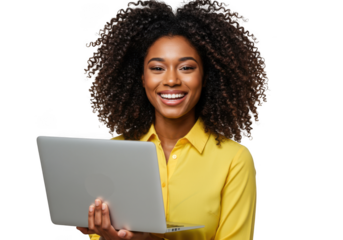 Smiling young woman with afro hairstyle holding a laptop computer and looking directly forward transparent background