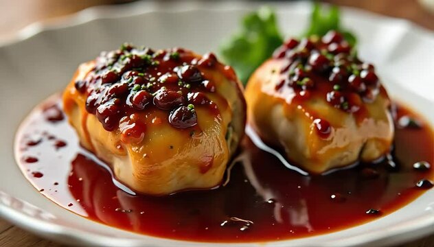 Close up of coq au vin showing tender chicken thighs coated in glossy red wine sauce 
