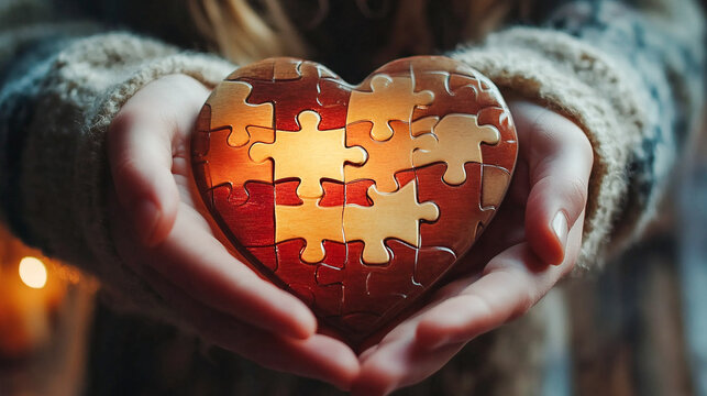 The hands of a young boy holding a puzzle heart is the concept of mental health in children, world autism awareness day, as well as the concept of autism spectrum disorder in teens 