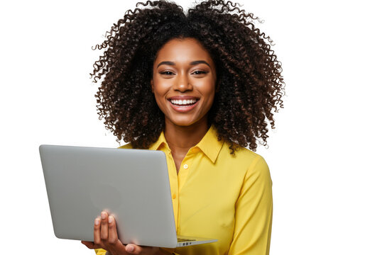 Smiling young woman with afro hairstyle holding a laptop computer and looking directly forward transparent background