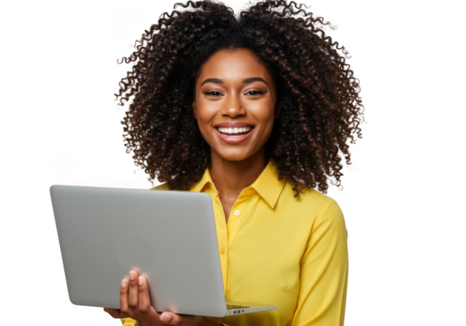 Smiling young woman with afro hairstyle holding a laptop computer and looking directly forward transparent background